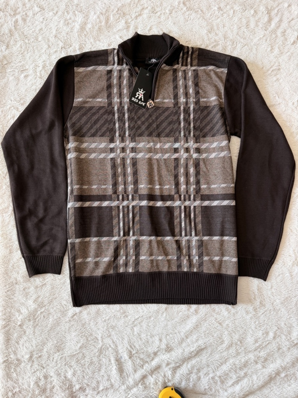 NWT Red Ape Men's XL Brown Plaid Quarter Zip Sweater Mock Neck